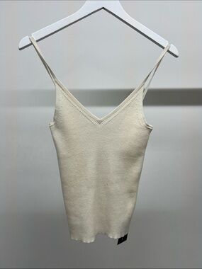 INTERMIX Ribbed V-Neck Spaghetti Strap Cami in Cream